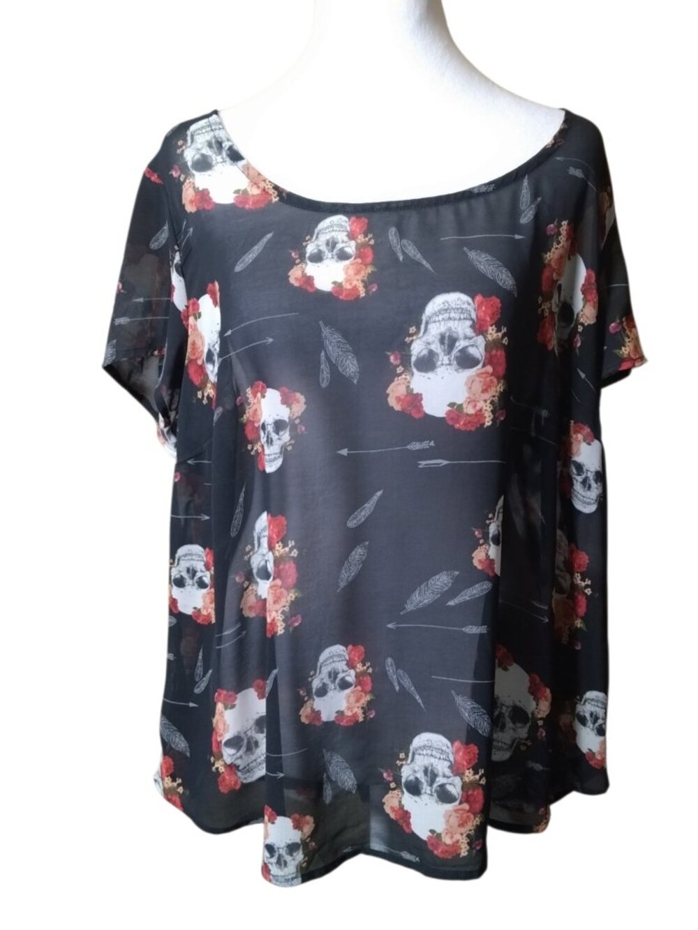 Torrid Black Sheer Skull Print Blouse Button Back Plus Size 0 Goth Whimsigoth